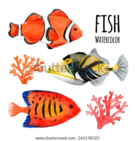 Set of marine tropical fish. Vector illustration. Watercolor background. Angelfish. 