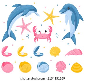 A set of marine underwater animals. Dolphins, crab, seashells and starfish. Cute characters in a flat, cartoon style. Vector illustrations isolated on a white background.