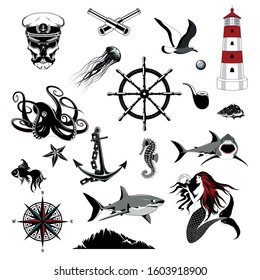 Set of marine vector images. Captain's skull, captain's hat, mermaid, helm, shark, lighthouse, wind rose, spy glasses.