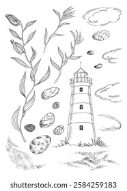 Set of marine vector objects. Hand drawn ink elements: lighthouse, seaweeds, stones, sand texture and clouds.Marine theme for posters, aquariums, prints, cards, fabric, decoration.