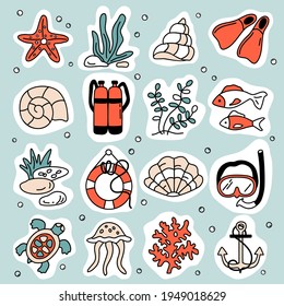 A set of marine vector stickers on an isolated background.Shells, diving, marine life, algae. Illustrations are suitable for backgrounds, decor, patterns, prints, postcards on a marine theme.