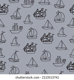 set of marine vehicle. hand drawn vector, seamless pattern. black outline, sketch of boat. sailboat with flag in the sea. doodle art for wallpaper, wrapping paper and gift, fabric, textile, backdrop. 