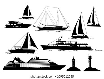 Set of Marine Vehicles and Objects on Sea and Ocean, Ship, Sailboat, Yacht, Lighthouses, Black Silhouettes Isolated on White Background. Vector