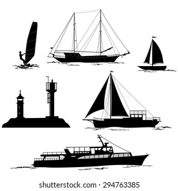 Set of Marine Vehicles and Objects, Ship, Sailboat, Yacht, Surfing Athlete, Lighthouses, Black Silhouettes Isolated on White Background. Eps10, Contains Transparencies. Vector