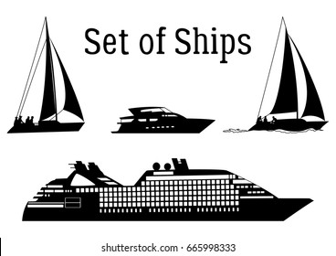 Set of Marine Vehicles, Ship, Sailboat, Yacht, Black Silhouettes Isolated on White Background. Vector
