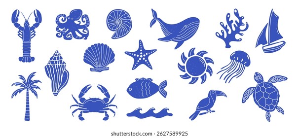 Set of marine vintage icons. Marine animals and sea objects. Vector.
