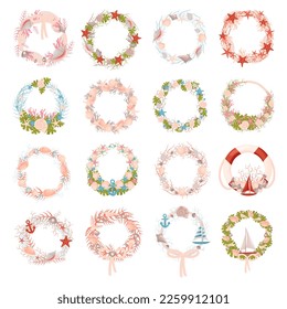 Set of marine wreaths made of seashells, seaweeds and starfishes, marine theme decor elements cartoon vector