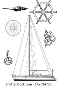 Set of marine and yachting symbols consisting of the yacht, the wheel, wind patterns and knots. Isolated on white