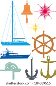 Set of marine and yachting symbols consisting of the yacht, the wheel, wind patterns and knots. Isolated on white