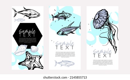 A set of marine-themed cards with fish, starfish and jellyfish. Hand drawn background, sketching. Template for the seafood menu