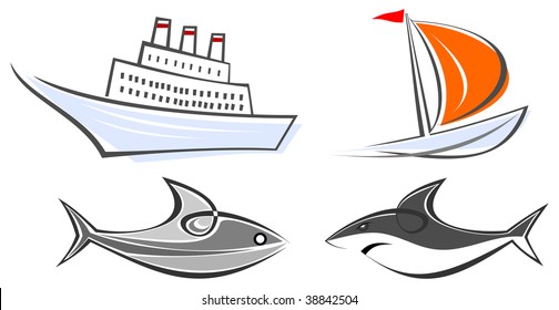 Set of maritime icons - ocean liner, sailing boat, fish and shark. Color illustrations, design elements. Isolated, white background.