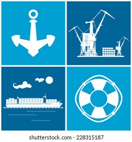Conjunto de iconos marítimos para el Diseño web. Iconos de carga contenedor barco, ancla, boya salvavidas y grúas, grúas descargar contenedores, Ilustración vectorial