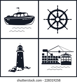 Set of maritime icons for web design. Icons ship wheel ,boat, lighthouse and cranes, cranes unload containers from the cargo container ship, vector illustration