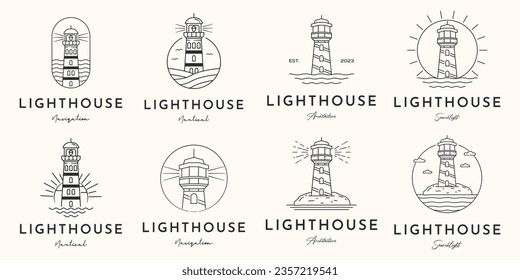 Satz von maritimen Leuchtturm-Logo Linie Kunst Vintage Vektorgrafik-Konzept-Vorlage Symbol-Design, Sammlung von Suchlicht-Navigation des Meeres mit Ozeansicht Konzept Vektorgrafik