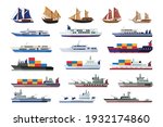 Set of maritime ship collections shipping boats, sail boat, ocean ships, yacht sailing boats, cargo ships water transport vector illustration