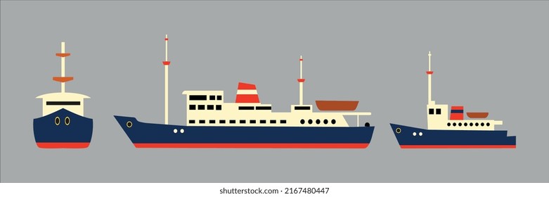 Set of maritime ship collections shipping boats, sail boat, ocean ships, yacht sailing boats, cargo ships water transport