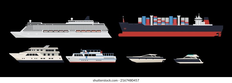 Conjunto de colecciones de buques marítimos buques de navegación marítima, embarcaciones de vela, buques oceánicos, veleros, buques de carga, vectores de transporte de agua