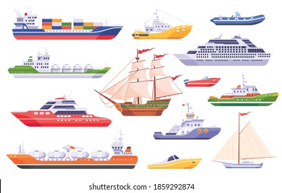 Set of maritime ships. Water carriage. Ships at sea, boat and yacht, cargo ships, ocean transport