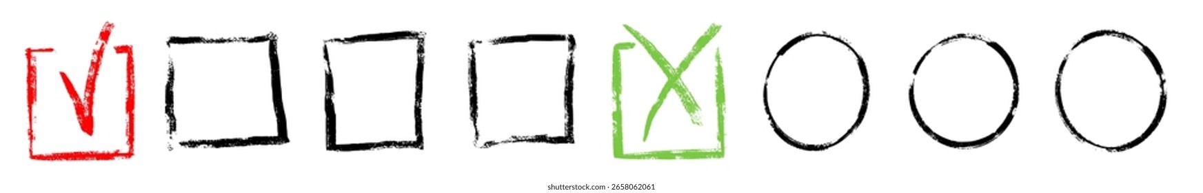 Set mark cross x and underline and check box. Crayon hand drawn check mark and box. Element hand drawn texture cross circle sketch. Vector illustration