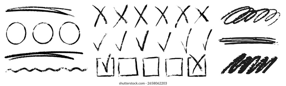 Defina a cruz x da marca e o sublinhado e a cor preta da caixa de seleção. Marca de seleção e caixa desenhadas à mão em giz de cera. Elemento mão desenhado textura cruz círculo esboço. Ilustração vetorial