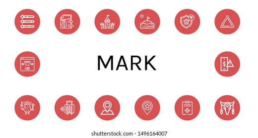 Set of mark icons such as Information, Document, Castle, Lake, Protection, Warning, Confused, Check in, Pin, Place, Report, Cow, Select, Risk , mark
