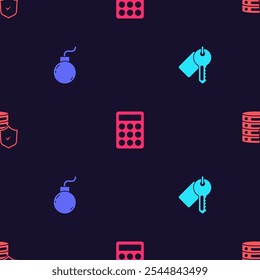 Establecer clave marcada, bomba lista para explotar, protección de Contraseña y servidor con escudo en patrón transparente. Vector