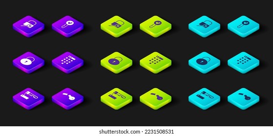 Set Marked key, Broken, Lock, Password protection, Key and repair icon. Vector