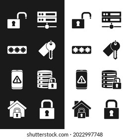 Establecer la clave marcada, la protección con contraseña, Abrir el candado, Servidor, Datos, Alojamiento Web, Móvil con signo de exclamación, seguridad, Bloquear y Casa bajo icono. Vector