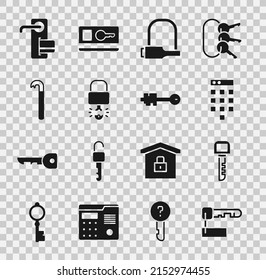Set Marked key, Key, Password protection, Bicycle lock, broke inside of padlock, Crowbar, Digital door and Old icon. Vector