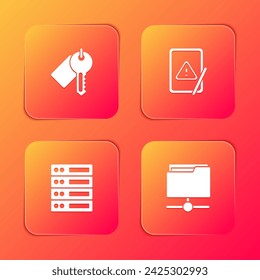 Set Marked key, Tablet with exclamation mark, Server, Data, Web Hosting and FTP folder icon. Vector