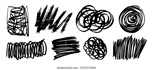 Set of marker black scribbles in form of rectangle, circle, oval, zigzag, hatching, hand drawn with interrupted contours. Vector graphics of textured paint brushes for background, abstract pattern.