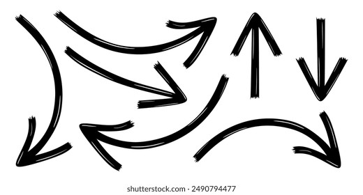 Set of marker drawn arrows. Hand drawn black pointers, arrow icons isolated on white background. Direction elements, curve brush strokes. Different curved arrows. Marker drawing. Vector illustration