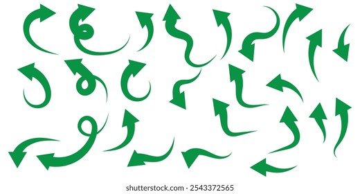 Set of marker drawn arrows. Hand drawn black pointers, arrow icons isolated on white background. Direction elements, curve brush strokes. Different curved arrows. Marker drawing. Vector illustration