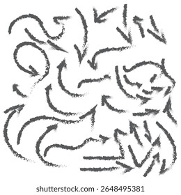 Ensemble de flèches dessinées par un marqueur. Pointeurs noirs dessinés à la main, icônes flèches isolées sur fond blanc. Éléments de direction, coups de pinceau. Différentes flèches courbes. Dessin de marqueur. Illustration vectorielle