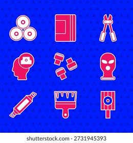 Set Marker pen attachment, Paint brush, Spray can nozzle cap, Balaclava, Bolt cutter and spray icon. Vector