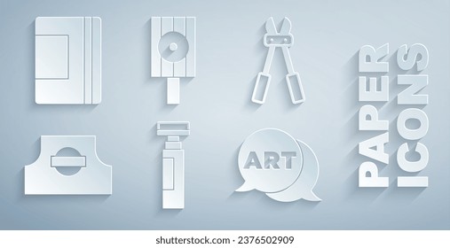 Establezca la pluma Marker, la cortadora de tornillos, el capuchón de boquilla Spray, la burbuja de voz con el arte de texto y el icono de bloc de notas Spiral. Vector
