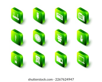 Set Marker pen, Business card, Telephone, Cactus and succulent pot, Laptop, Coffee cup go, Document folder and Pencil sharpener icon. Vector