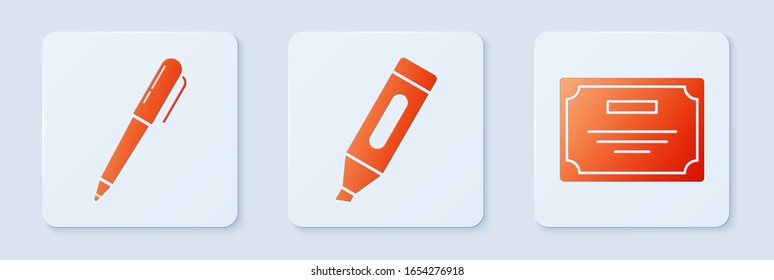 Establecer pluma de marcador, pluma y plantilla de certificado. Botón cuadrado blanco. Vector
