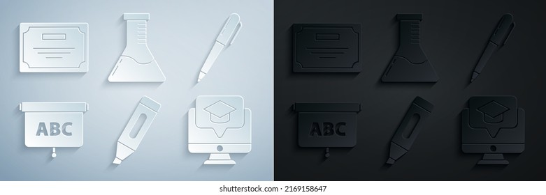 Set Marker pen, Pen, Chalkboard, Monitor with graduation cap, Test tube and flask chemical laboratory and Certificate template icon. Vector