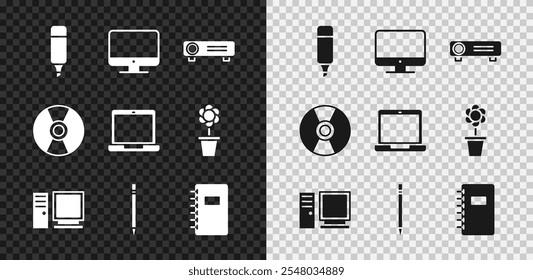 Set Marker pen, Computer monitor screen, Movie, film, media projector, Pencil with eraser, Spiral notebook, CD DVD disk and Laptop icon. Vector