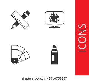Set Marker pen, Crossed ruler and pencil, Color palette guide and Paint spray icon. Vector