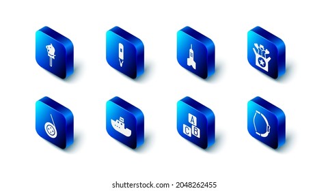 Set Marker pen, Dart arrow, Jack in the box toy, Bow, ABC blocks, Toy boat, Yoyo and horse icon. Vector