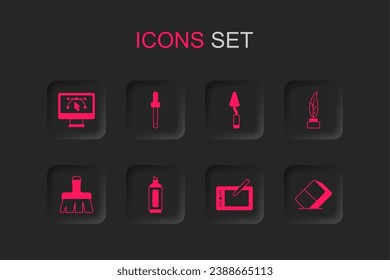 Set Marker pen, Eyedropper color picker palette, Computer with design program, Graphic tablet, Feather and inkwell, Eraser rubber, Palette knife and Paint brush icon. Vector