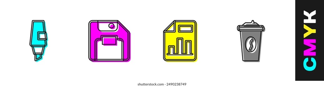 Set Marker pen, Floppy disk, Document with graph chart and Coffee cup to go icon. Vector