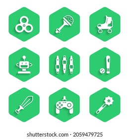 Set Marker pen, Gamepad, varita mágica, bate de béisbol con bola, juguete de espadas, Robot, patinaje sobre ruedas e ícono del spinner de Fidget. Vector