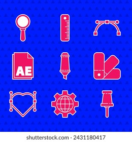 Conjunto de marcador de pluma, Globo de la Tierra y engranaje, Pin de empuje, guía de paleta de colores, Corazón con curva Bézier, documento de archivo AE e icono de lupa. Vector