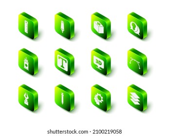 Set Marker pen, Isometric cube, Light bulb with concept of idea, Bezier curve, Layers, Speech bubble text 3D, Human head gear inside and Pencil eraser icon. Vector