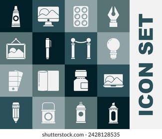 Set Marker pen, Laptop, Light bulb, Watercolor paints in box, Pen, Picture landscape, Tube with palette and Exhibition of paintings icon. Vector