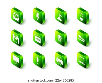 Indique la pluma de marcadores, las montañas con bandera en la parte superior, vidrio de color antiguo, grapadora, portátil, lámpara de luz, impresora y icono de la fuente. Vector