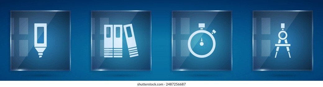 Markierungsstift, Office-Ordner, Stoppuhr und Zeichnungskompass festlegen. Quadratische Glasscheiben. Vektorgrafik